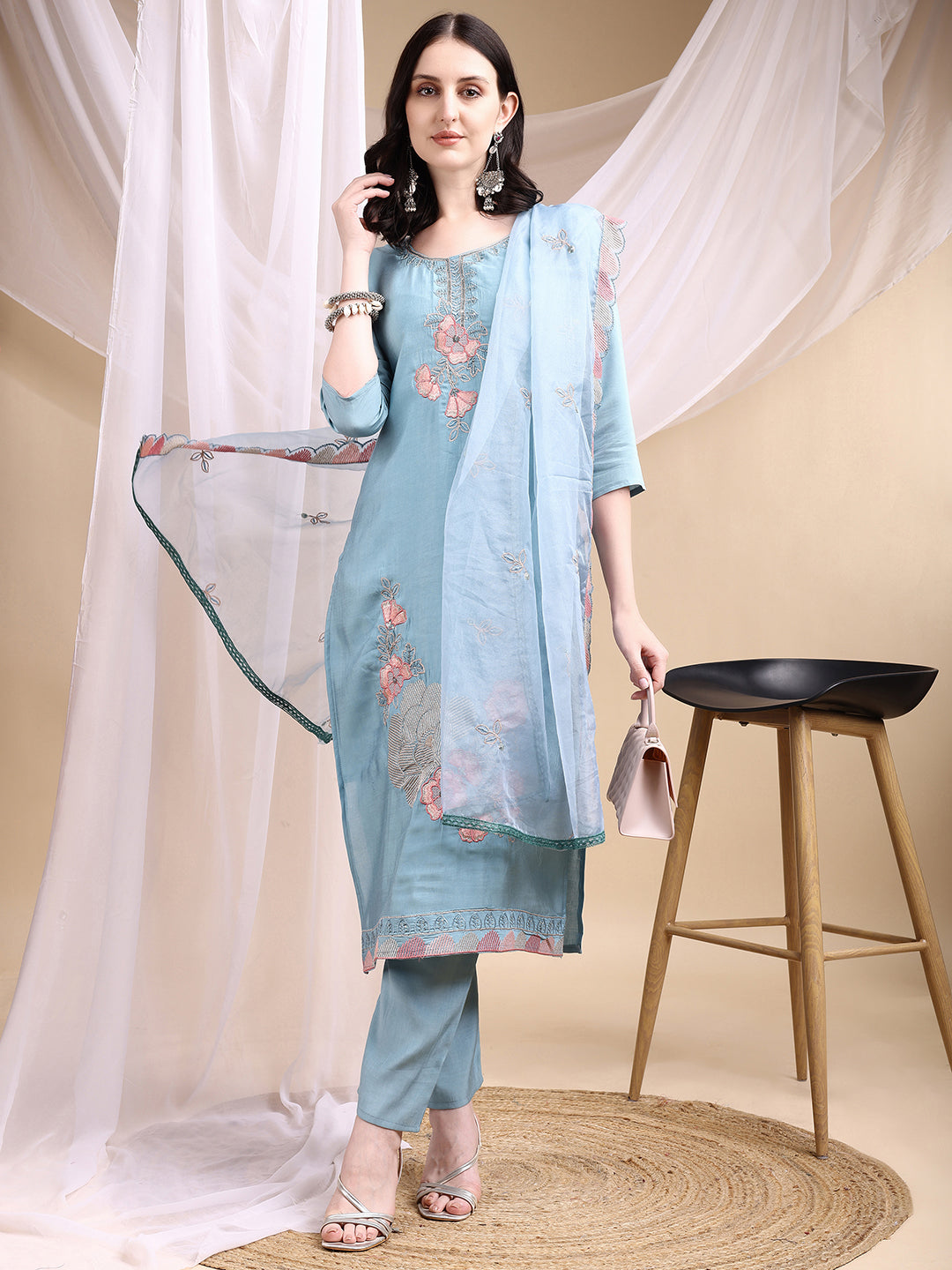 Hand Embroidered Kurta with Pant & Embroidered Dupatta