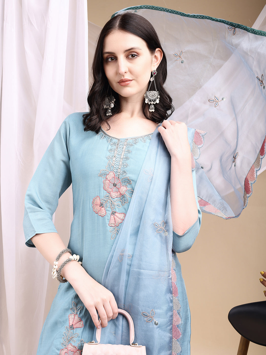 Hand Embroidered Kurta with Pant & Embroidered Dupatta