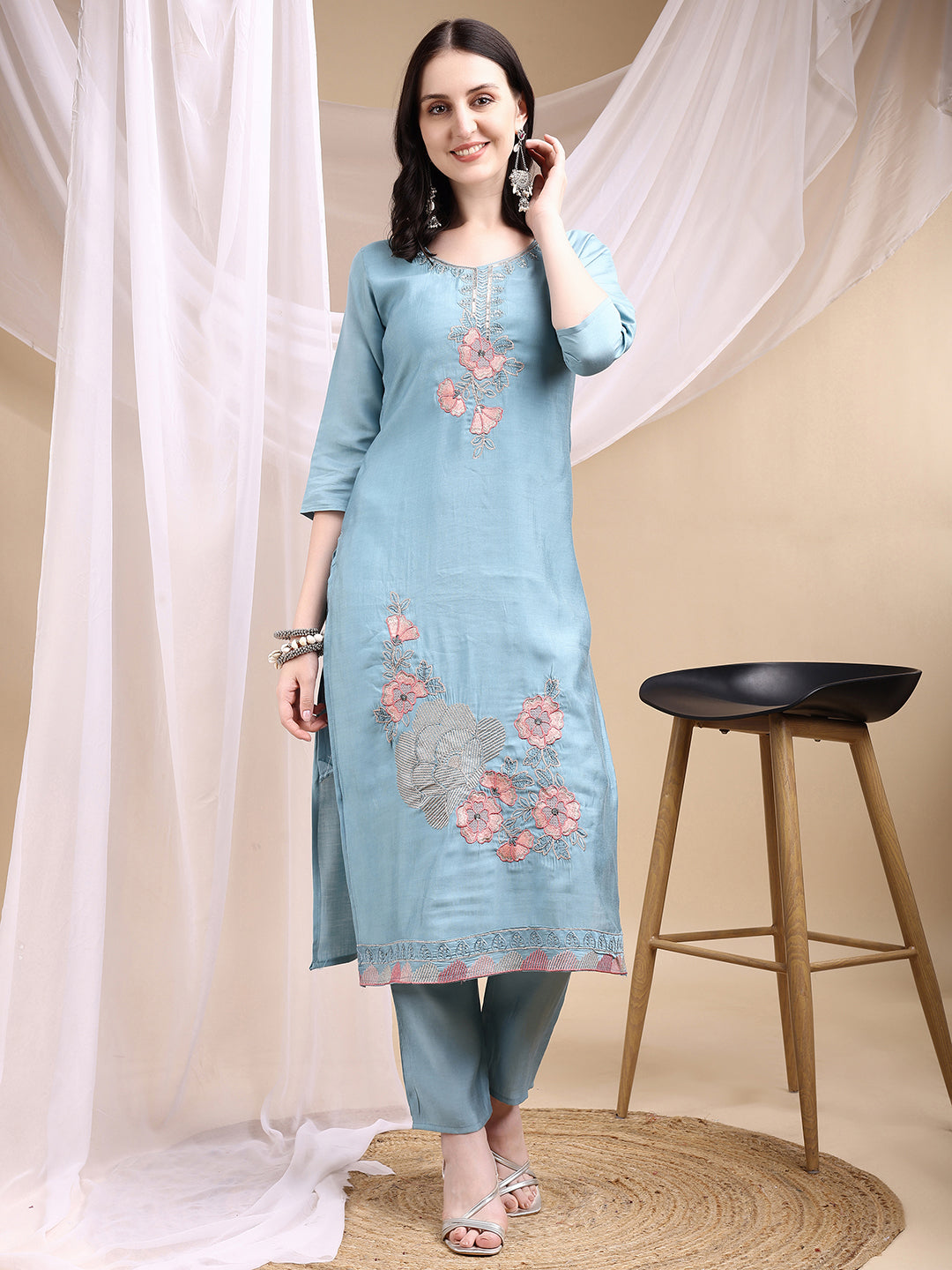Hand Embroidered Kurta with Pant & Embroidered Dupatta