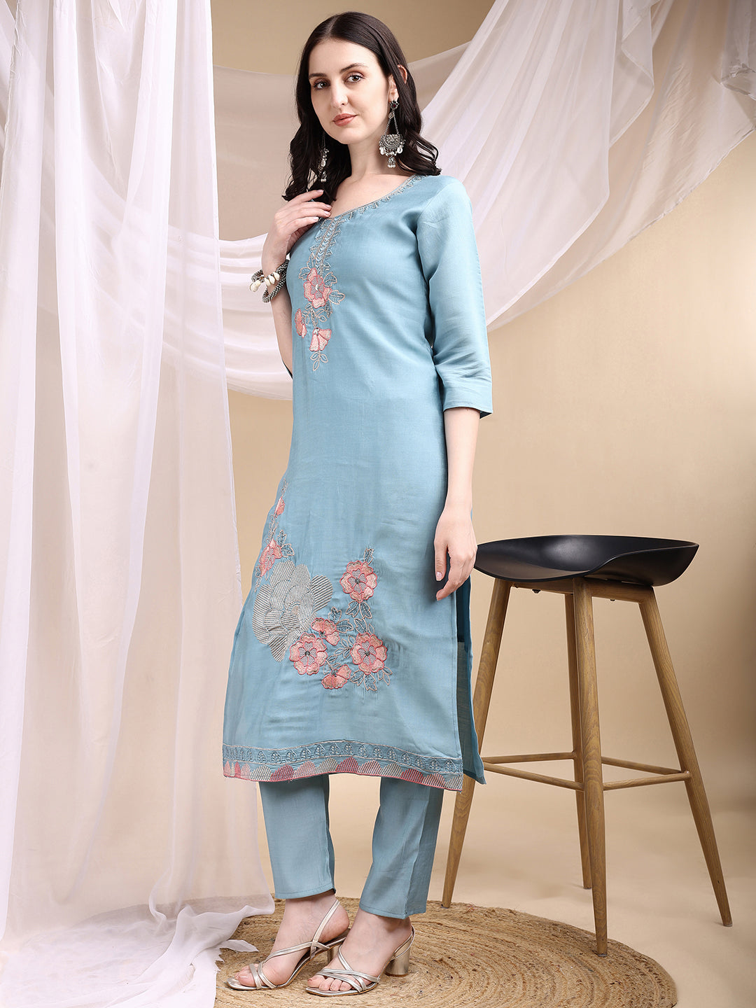 Hand Embroidered Kurta with Pant & Embroidered Dupatta