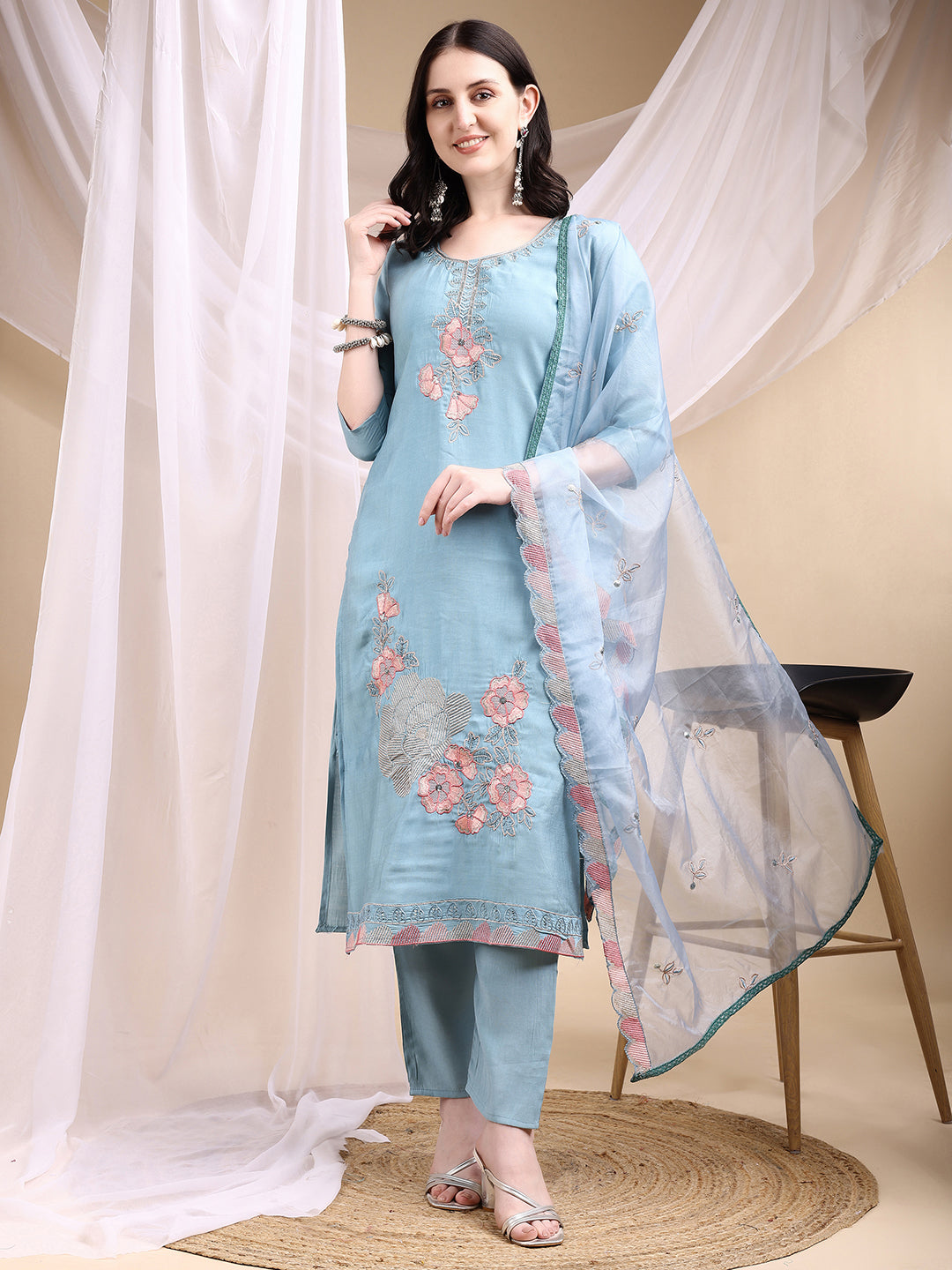 Hand Embroidered Kurta with Pant & Embroidered Dupatta