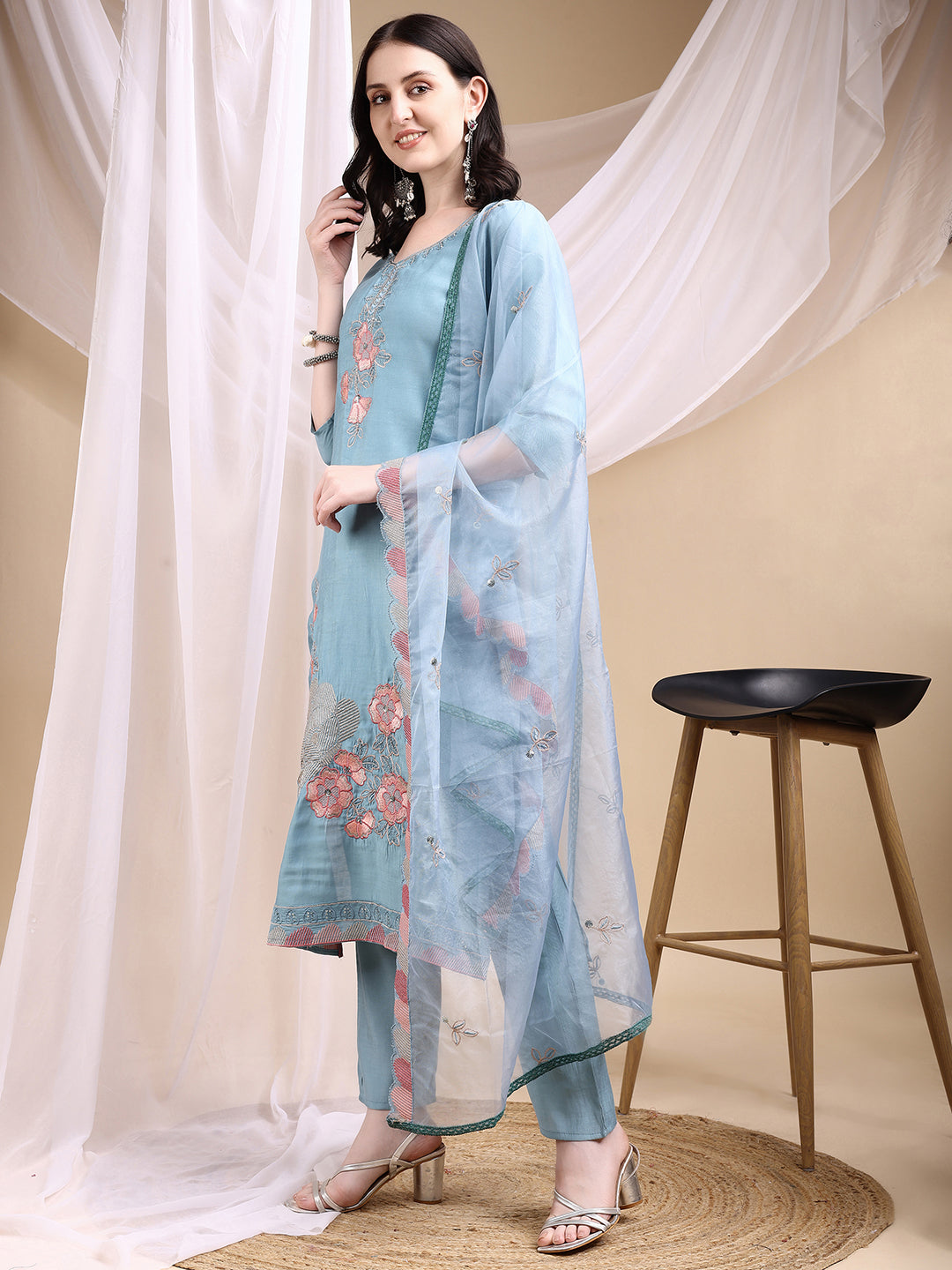 Hand Embroidered Kurta with Pant & Embroidered Dupatta