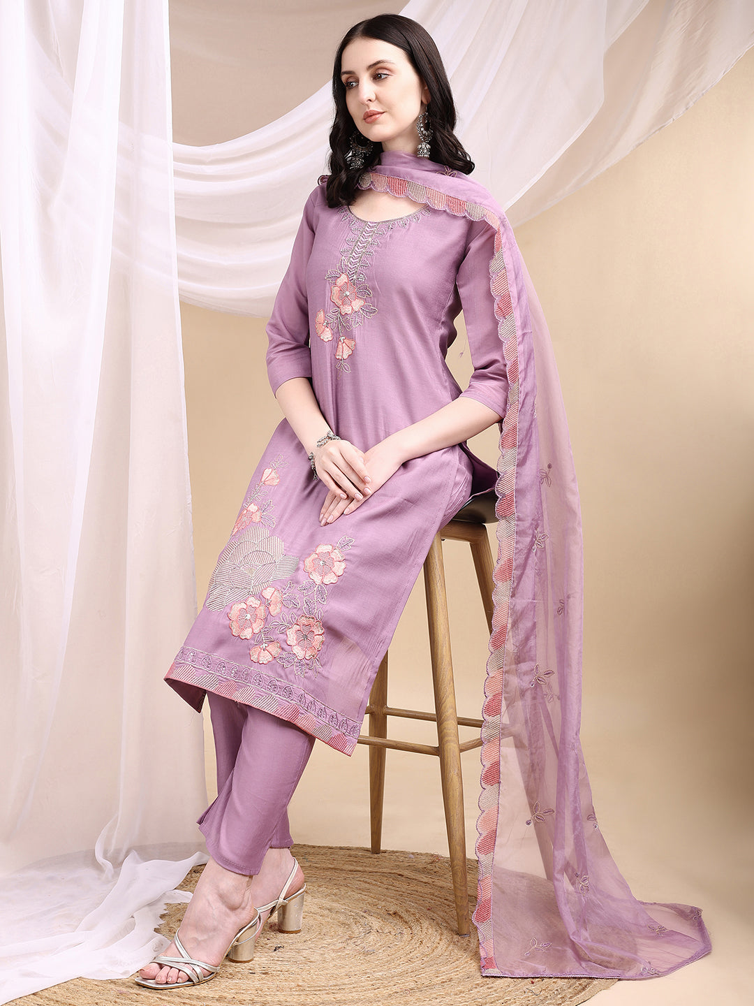 Hand Embroidered Kurta with Pant & Embroidered Dupatta