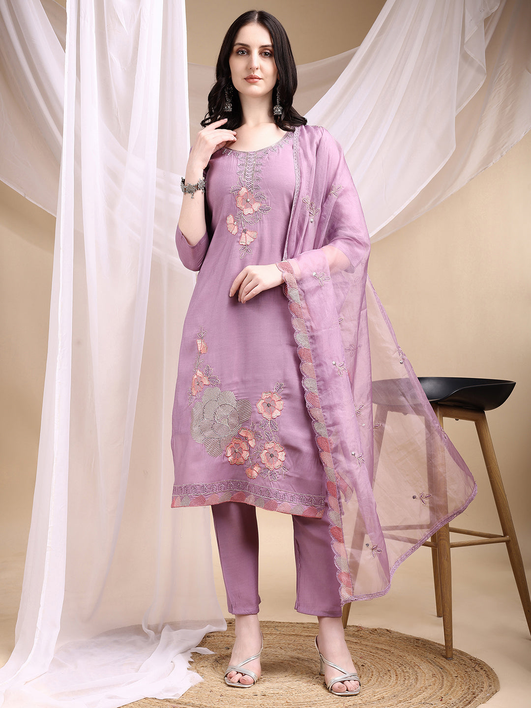 Hand Embroidered Kurta with Pant & Embroidered Dupatta