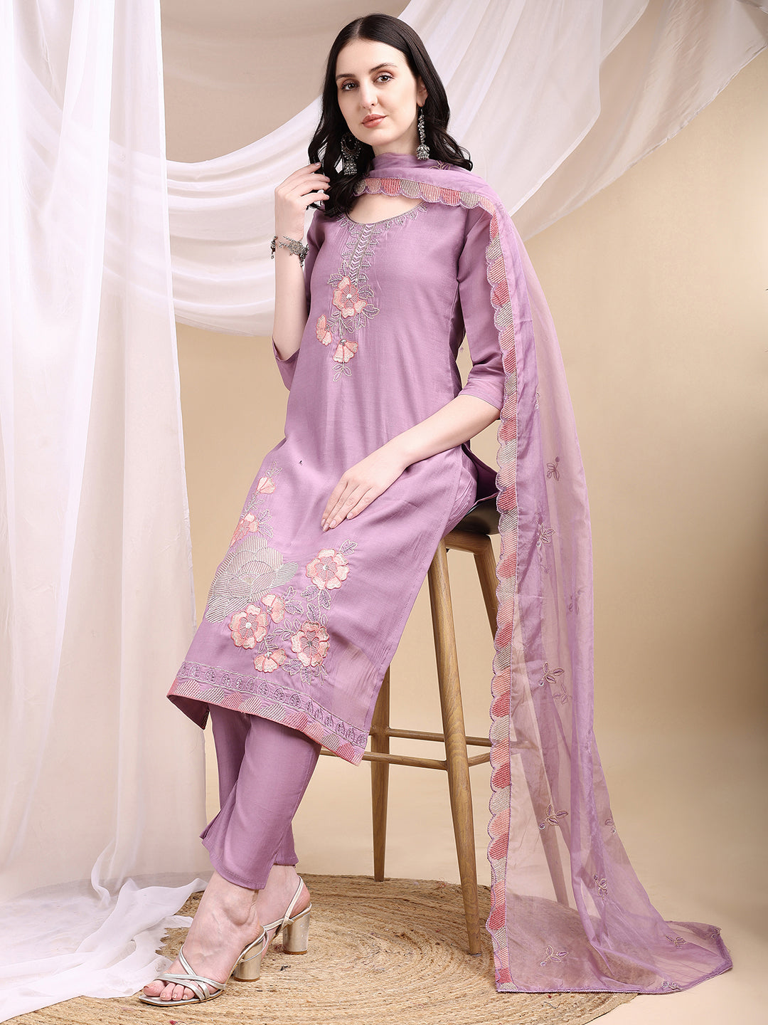 Hand Embroidered Kurta with Pant & Embroidered Dupatta