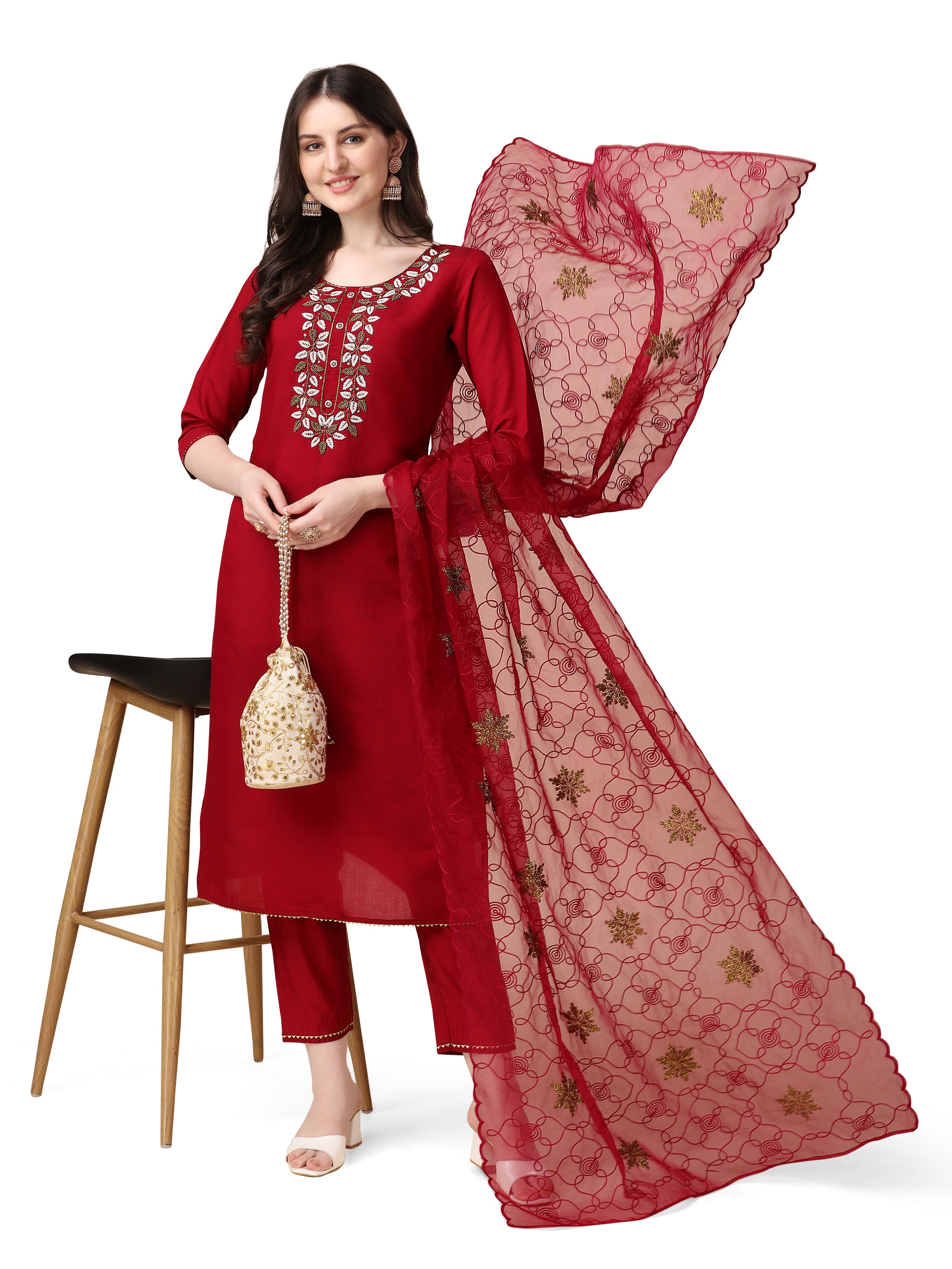 Embroidered Kurta With Pant And Organza Dupatta Set