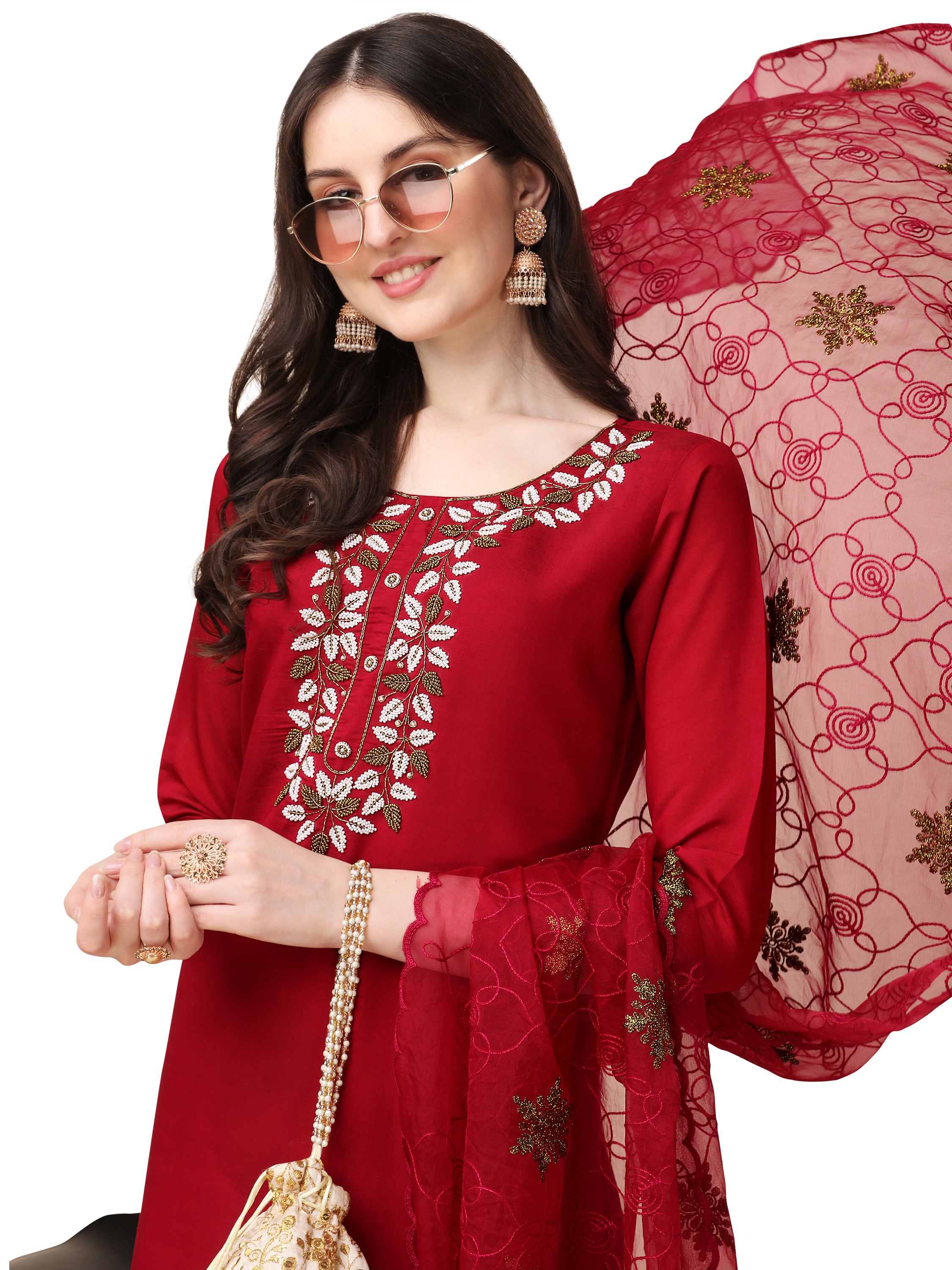 Embroidered Kurta With Pant And Organza Dupatta Set