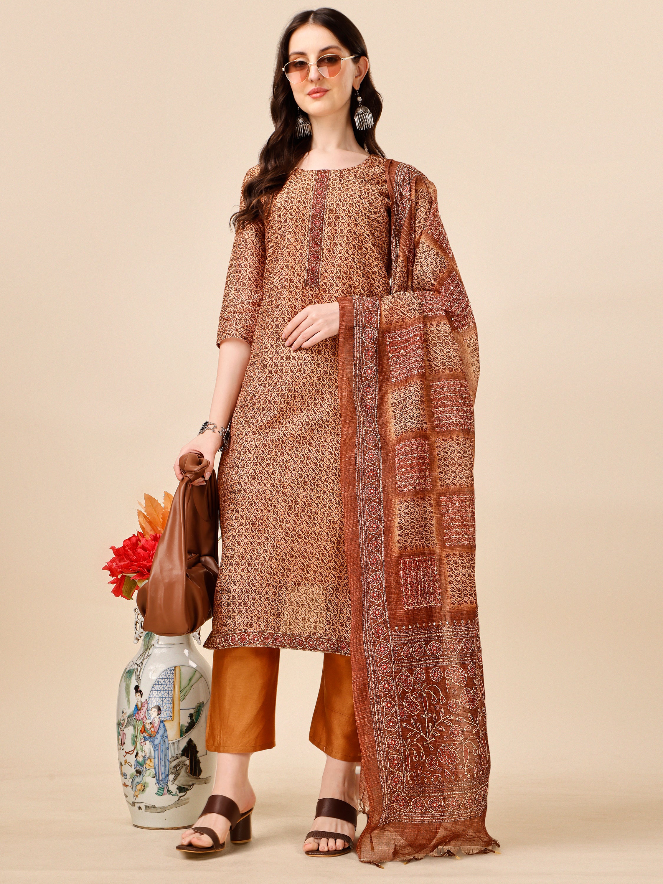 Katha Work Kurta with Pant and Dupatta Set