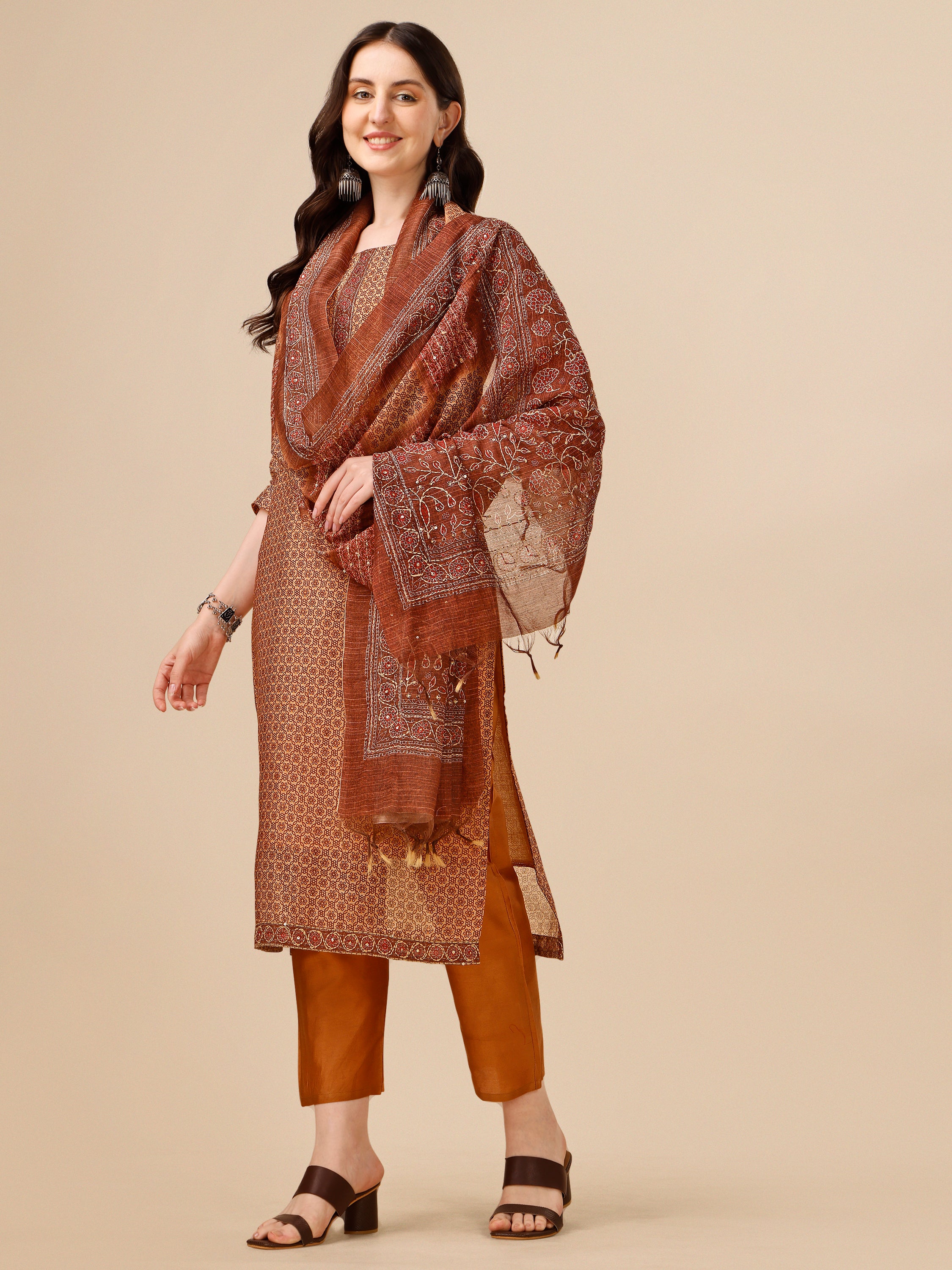 Katha Work Kurta with Pant and Dupatta Set