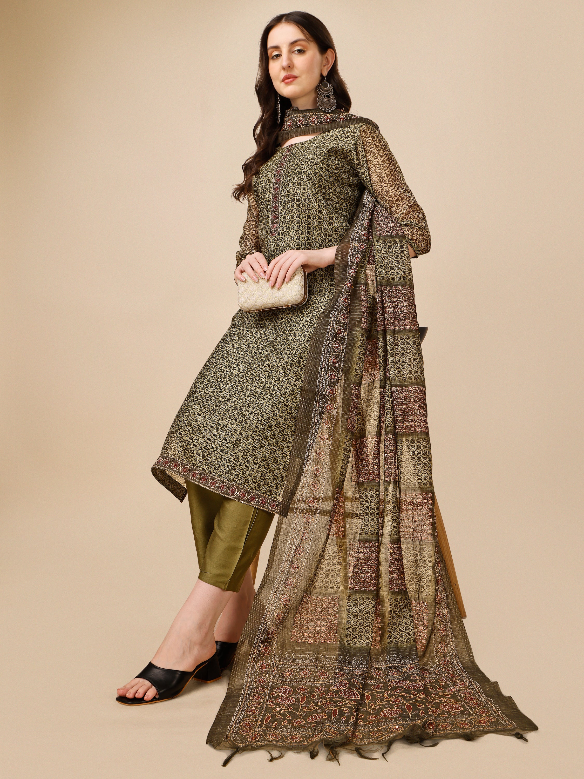 Katha Work Kurta with Pant and Dupatta Set