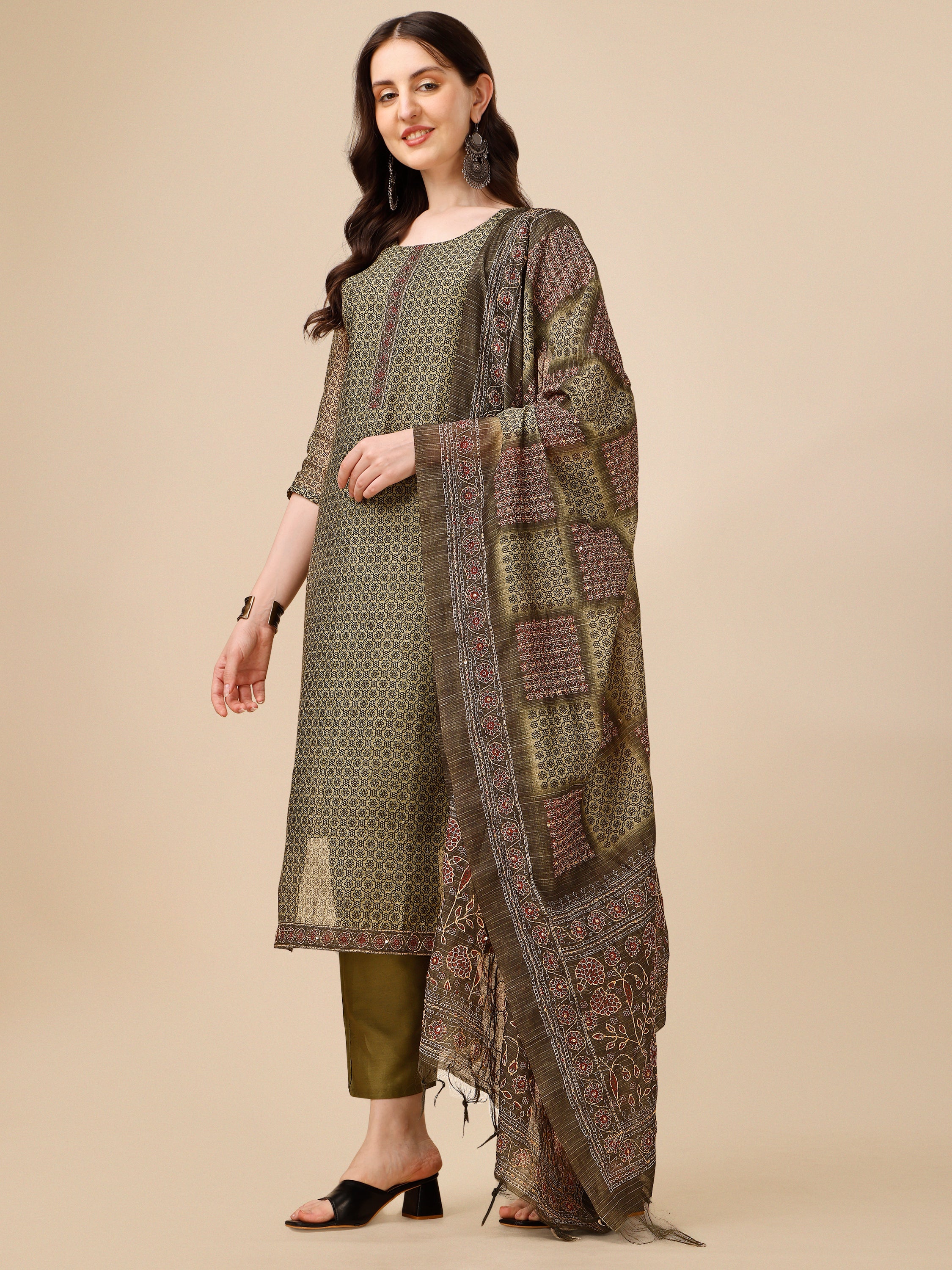 Katha Work Kurta with Pant and Dupatta Set