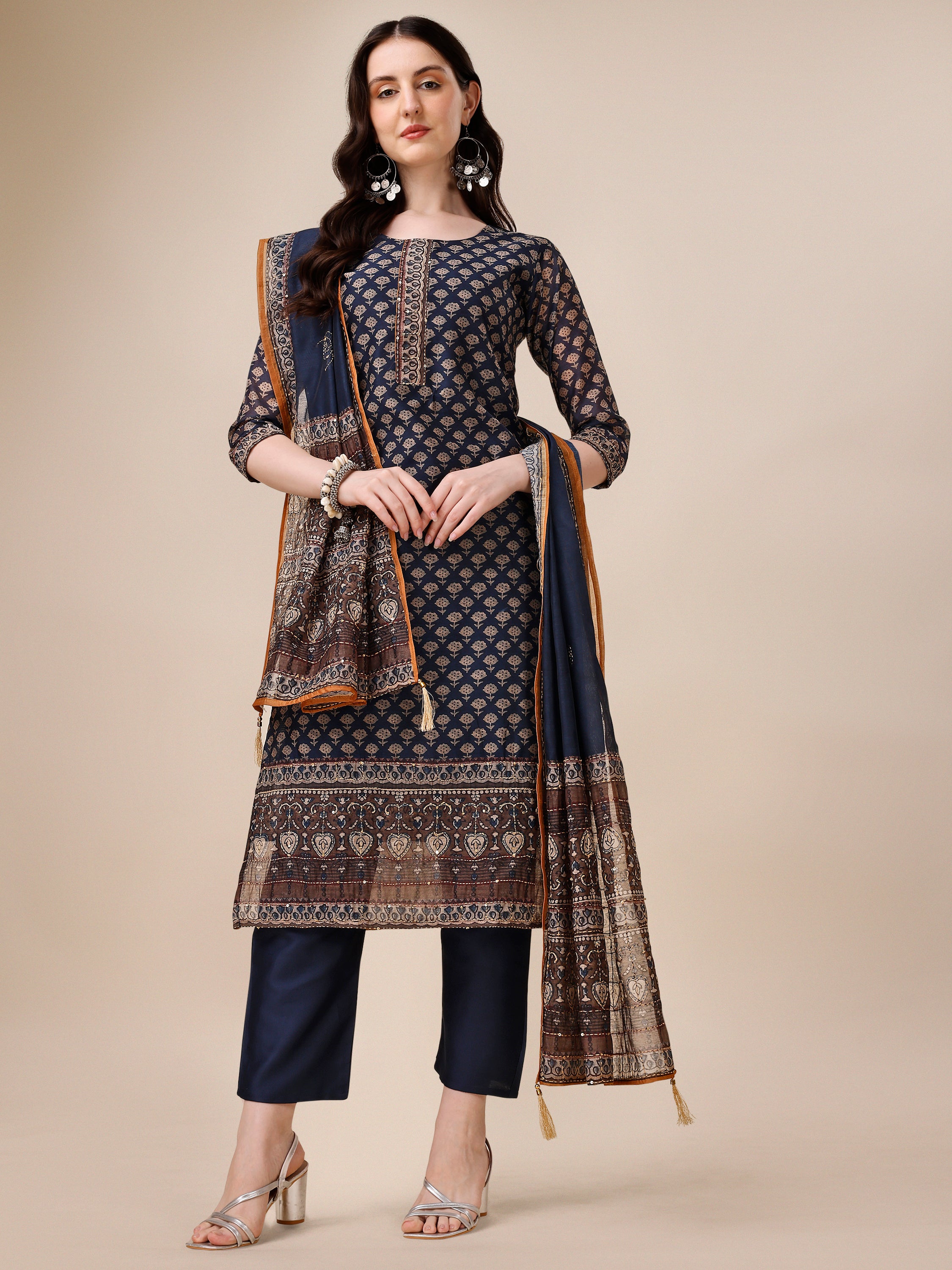 Katha Work Kurta with Pant and Dupatta Set