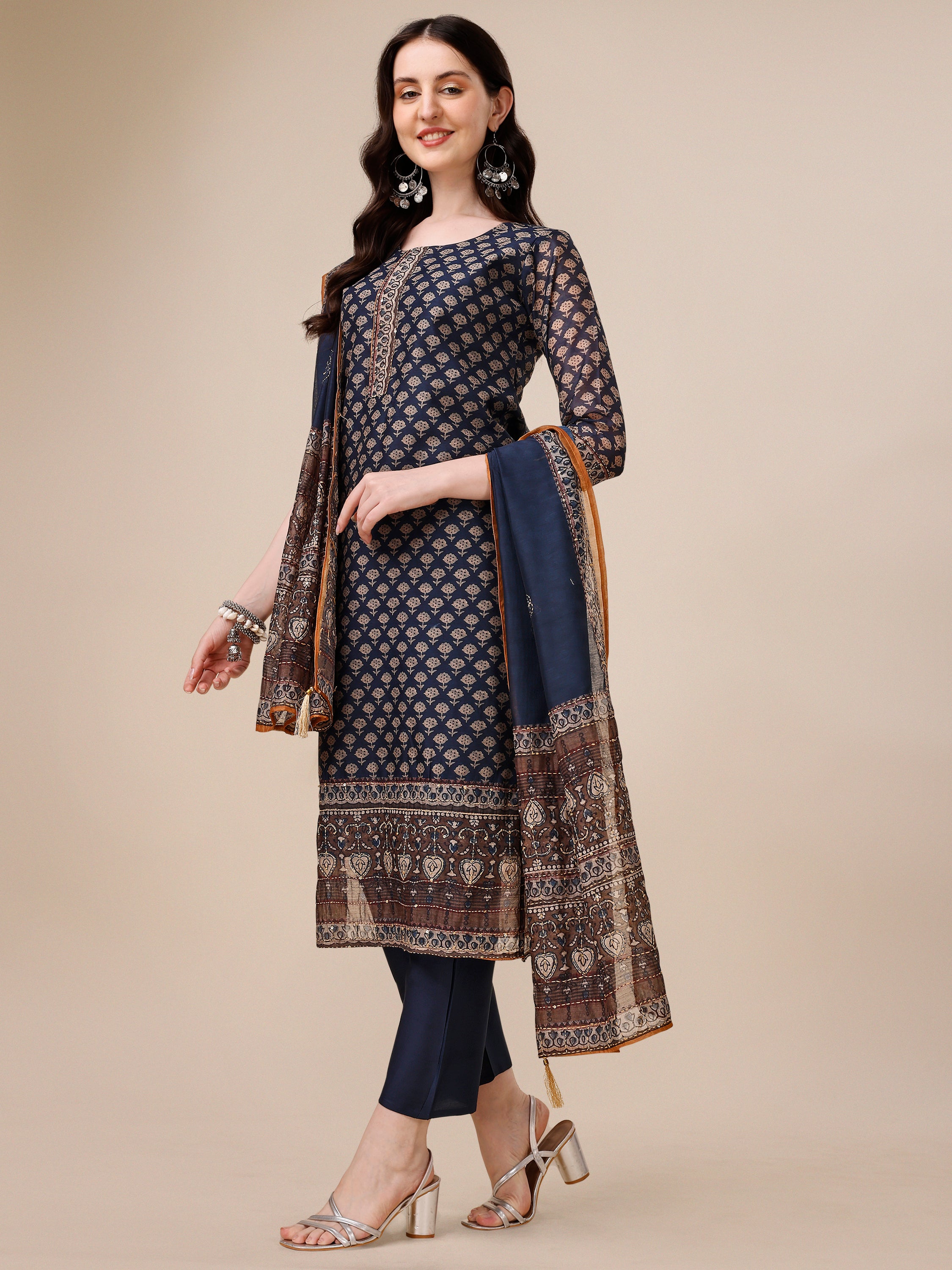 Katha Work Kurta with Pant and Dupatta Set