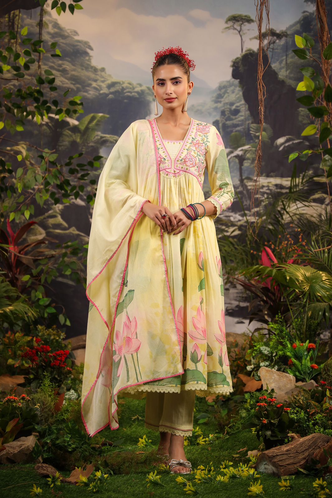 Alia Cut Embroidered & Floral Printed Kurta with Pant & Dupatta luxury Premium