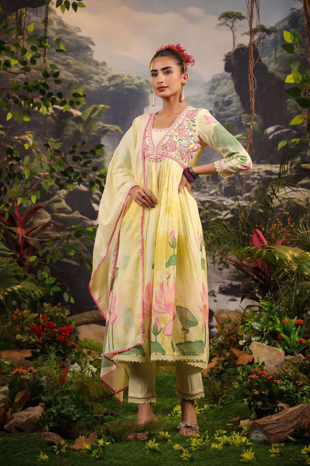 Alia Cut Embroidered & Floral Printed Kurta with Pant & Dupatta luxury Premium