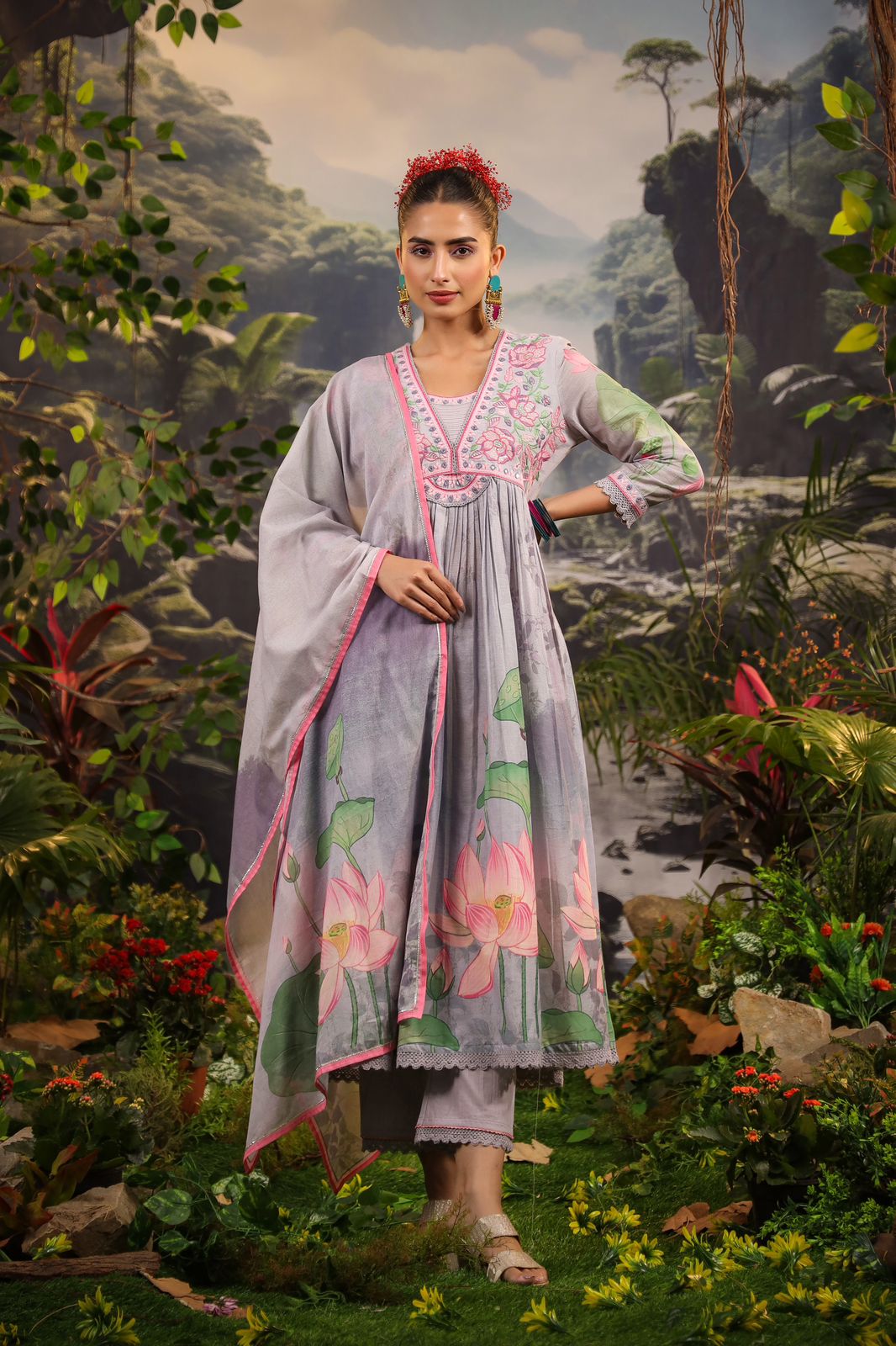 Alia Cut Embroidered & Floral Printed Kurta with Pant & Dupatta luxury Premium